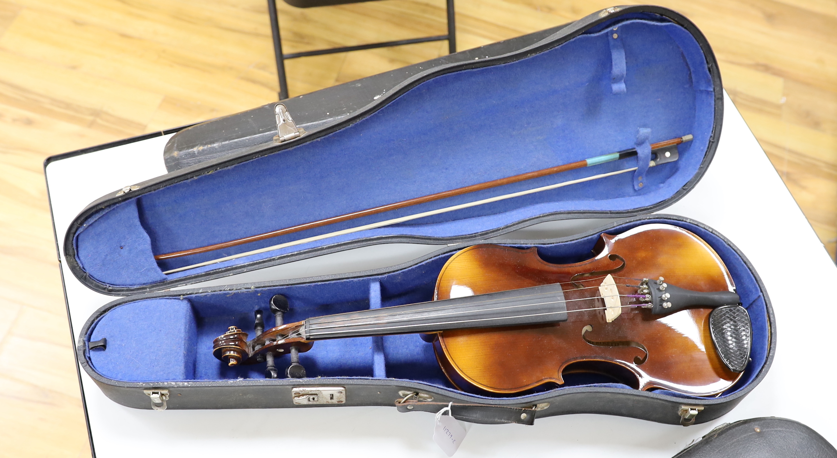 A cased Rosetti viola ‘Stradivarius Model’, and cover, viola 65cm long
